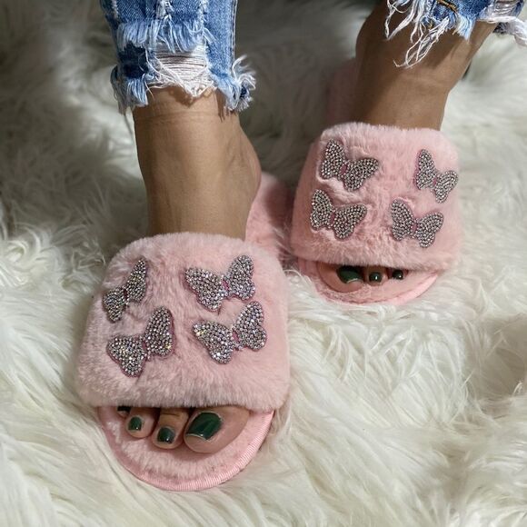 Blush Faux Fur Butterfly Slippers - Picture 4 of 7